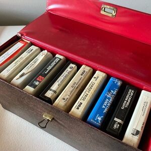 Vintage Brown Vinyl 8 Track Cassette Carry Case with Assorted Tapes Inside